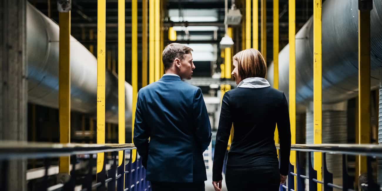 colleagues walk together through an industrial facility